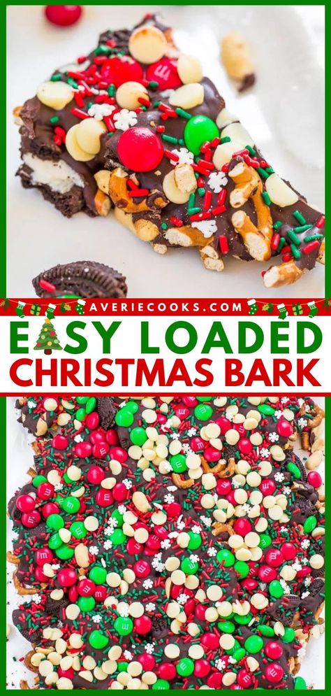 You'll love this Loaded Christmas Bark! Full of sweet and salty goodness like Oreos, M&M's, peanuts, pretzels, and sprinkles, this easy no-bake chocolate bark is an addictive Christmas dessert. Whip up this holiday recipe for a cookie exchange! Christmas Dessert Drinks, Christmas Snacks Easy, Christmas Bark Recipes, Christmas Pretzels, Christmas Bark, Christmas Candy Homemade, Christmas Cookie Recipes Holiday, Chocolate Bark Recipe, Christmas Sweet Treats