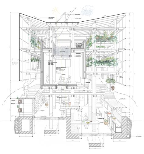 Nest We Grow  / College of Environmental Design UC Berkeley  + Kengo Kuma & Associates Nest We Grow, Sectional Perspective, Perspective Architecture, Sustainable Projects, Architecture Cool, Section Drawing, Projects Design, Architectural Competition, Kengo Kuma