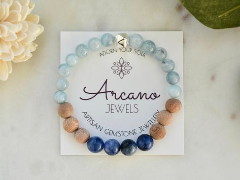 "DIFFUSER | mermaid Truth + Intuition ️ Cute & chic Aromatherapy Essential Oil Diffuser Bracelet with aquamarine & sodalite Simply add 1-2 drops of your favorite essential oil to the ROSE WOOD & enjoy the therapeutic benefits of your oil all day long! Enjoy FREE SHIPPING when you purchase two (2) or more items from the shop! 🙌 MATERIALS: 8 mm ~ rose wood ~ sodalite gemstones ~ aquamarine gemstones STONE PROPERTIES:  Sodalite is associated with the sixth chakra, the third eye.  Focusing on self- Sixth Chakra, Boho Travel, Stone Properties, Mermaid Bracelet, Oil Diffuser Bracelet, Essential Oil Diffuser Bracelet, Rose Wood, Crystal Healing Stones, Beads Bracelet Design