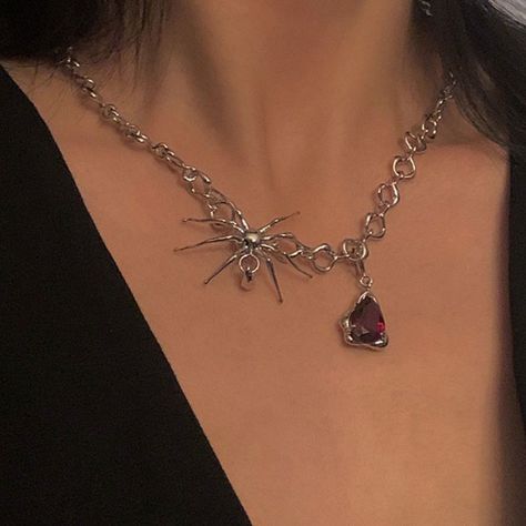 Vintage Gothic Spider Necklace BE1080 - Harajuku Kawaii Fashion Anime Clothes Fashion Store - SpreePicky Cute Long Necklace, The Love Witch Jewelry, Witch Accessories Jewelry, Layers Necklace, Red Crystal Necklace, Spider Necklace, Witch Necklace, Y2k Jewelry, Witch Jewelry