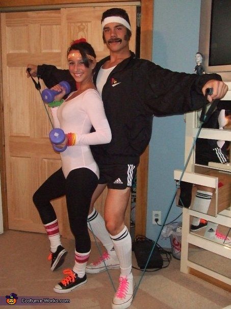 Alexa: Taylor & Alexa are an 80's exercise couple. Taylor is big into exercise & going to the gym. He was at the gym one day when he saw another member... 80s Exercise Outfit Men, 80s Men Party Outfits, 80s Gym Outfit Men, Mens 80s Costume, Exercise Couple, 80s Exercise, Adult Halloween Party Food, Spirit Weeks, Adult Halloween Party Ideas