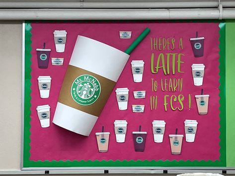 Coffee Door Decorations Classroom, Starbucks Themed Bulletin Board, Coffee Bulletin Board Classroom, Coffee Cup Bulletin Board, Coffee Theme Bulletin Board, Coffee House Theme Party, Latte Bulletin Board Ideas, Starbucks Bulletin Board Ideas, Starbucks Bulletin Board