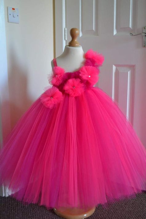 Pink Flower Full Length Tutu Dress Tutu Dress Dress Flower | Etsy 1st Birthday Gift Ideas, Hot Pink Style, Baby 1st Birthday Gift, 1st Birthday Dresses, Pink Tutu Dress, Mode Rose, Fancy Dress Party, African Dresses For Kids, Pink Gown