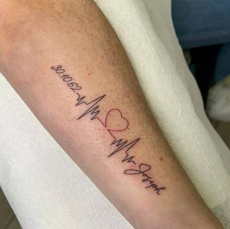 Heartbeat Tattoo With Name And Date Heartbeat Tattoo With Name Kids, Heartbeat Anchor Tattoo, Tattoo Ideas Female Heartbeat, Heartbeat With Date Tattoo, Final Heartbeat Tattoo, Heartbeat Infinity Tattoo, Heartbeat With Name Tattoo, Heartbeat Name Tattoo Ideas, Heart Rate Tattoo With Name