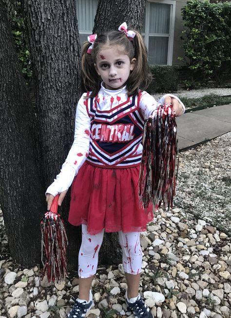 Cheerleader Zombie Makeup, Halloween Cheerleader Makeup, Zombie Cheerleader Makeup For Kids, Zombie Makeup Ideas For Kids, Zombie Cheerleader Costume For Kids, Dead Cheerleader Makeup, Kid Zombie Makeup, Maddy Costume, Dead Cheerleader Costume