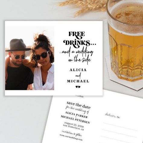 Free Drinks Funny Photo Wedding Save The Date Announcement Postcard #zazzle #weddinginvitations #birthdayinvitations #babyshowerinvitations #zazzleinvitations #monogram #businesscards #graduation #homedecor Wedding Save The Date Inspiration, Drinks Wedding, Funny Save The Dates, Bold Wedding Invitations, Funny Postcards, Black And White Wedding Invitations, Funny Photo, Wedding Blue, Wedding Drink