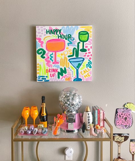 Bright Color House Decor, Painting For College Apartment, Fun Colorful Kitchen, Colorful College Apartment Living Room, Diy College Apartment Decor Crafts, Paintings For College Apartment, Barcart Decorating Ideas, Cute College House Ideas, Preppy College Aesthetic