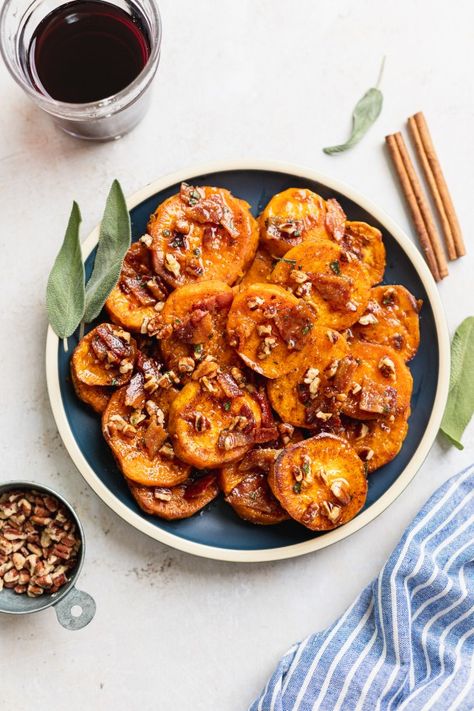 Melting Sweet Potatoes with Maple Bacon Brown Butter - Danilicious Melting Sweet Potatoes, Potato Medallions, Thanksgiving Sweet Potato, Sweet Potato Side Dish, Sweet Potato Sides, Sweet Potato Thanksgiving, Potato Side Dish, Crunchy Pecans, Maple Bacon