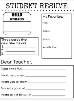 Student Resume, Back to school worksheet, Getting to know you activity. Fully editable. Good for any class. Class Get To Know You Activities, Middle School Get To Know You Worksheet, Get To Know You Worksheet, Getting To Know You Worksheet, Get To Know You Worksheets For Kids, Back To School Counseling Activities, Get To Know Your Students Activities, Getting To Know You Activities, Getting To Know You Activities For Kids