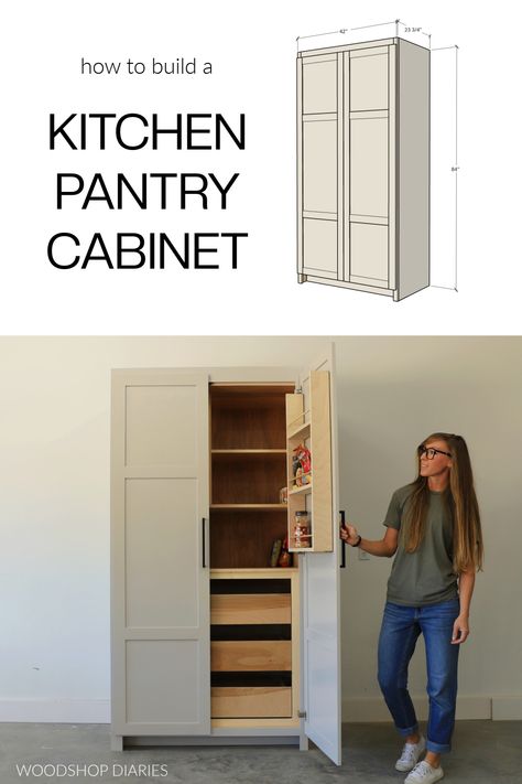 DIY Kitchen Pantry Cupboard How To Build A Kitchen Pantry, Diy Freestanding Pantry, Diy Kitchen Pantry Cabinet How To Build, Easy Diy Pantry Cabinet, Diy Built In Pantry Cabinet, Diy Cabinet Pantry, Pantry Cabinet Plans, How To Build Kitchen Cabinets Diy, Pantry Cabinet Ideas Diy