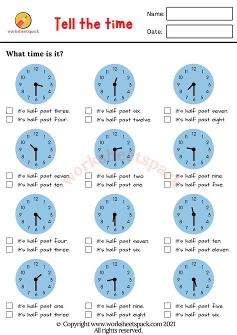 What time is it? Free telling the time worksheets. Clock Learning For Kids, Learning Time Clock, Clock Worksheets, Teaching Clock, Learning Clock, Telling Time Worksheets, Learn To Tell Time, English Activities For Kids, Time Worksheets