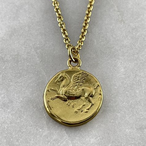 Pegasus Necklace, Pegasus Pendant, Pegasus Coin, Gold Coin Necklace Dolphins Swimming, Memento Mori Ring, Flying Horse, Red Rising, Ancient Greek Coin, Horse Pendant, Horse Fly, Greek Coins, Gold Coin Necklace