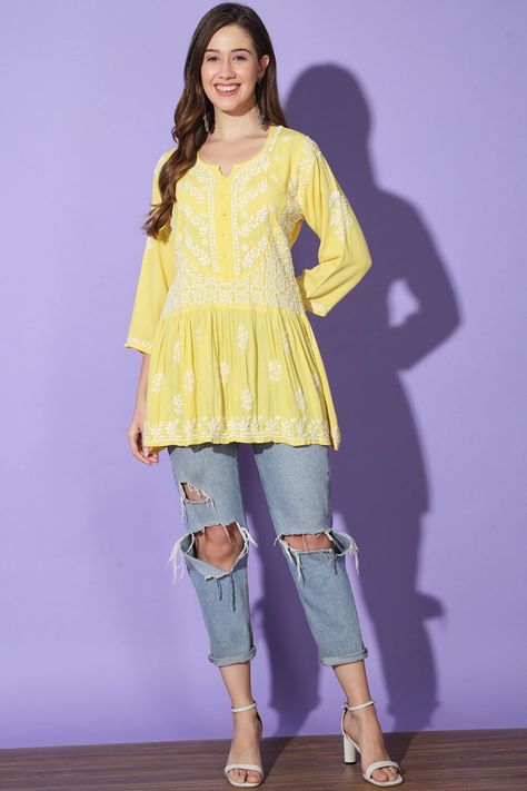 Short Kurta For Women, Magical Inspiration, Jeans Palazzo, Cotton Frock, Chikankari Embroidery, Frock Style, Cotton Frocks, Short Kurta, Prom Dresses Ball Gown