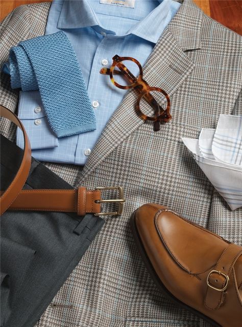 Tan, Slate and Cream Glen Plaid Sport Coat with Sky Blue Overchecks - The Ben Silver Collection Blue Coat Men, Blue Ties For Men, Luxury Classic Plaid Sport Coat, Tailored Plaid Wool Sport Coat, Vintage Plaid Single Breasted Sport Coat, Luxury Plaid Menswear-inspired Sport Coat, Blue Plaid Suit, Plaid Blazer Outfit, Preppy Style Spring