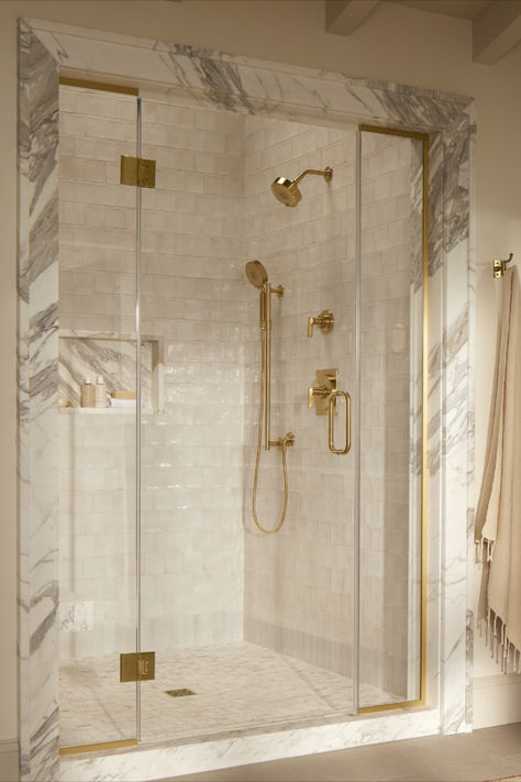 Bathroom shower design look with white tile shower, stone threshold, and brass shower fixtures. Studio Mcgee Bathroom, Mcgee Bathroom, Timeless Bathroom, Bathroom Collections, Studio Mcgee, Faucet Handles, Bathroom Renos, Bath Design, Bathroom Sink Faucets