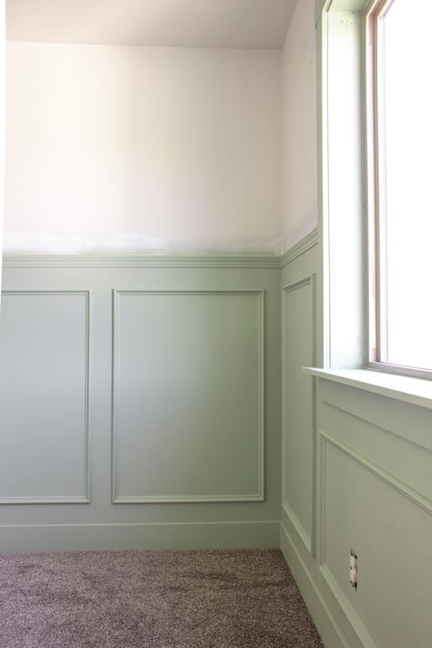 Chair Rail And Box Molding, Box Trim Wallpaper, Box Trim With Wallpaper, Box Trim Nursery, Diy Box Trim, Box Trim Bedroom, Nursery Chair Rail, Box Trim On Wall, Bedroom Wall Trim