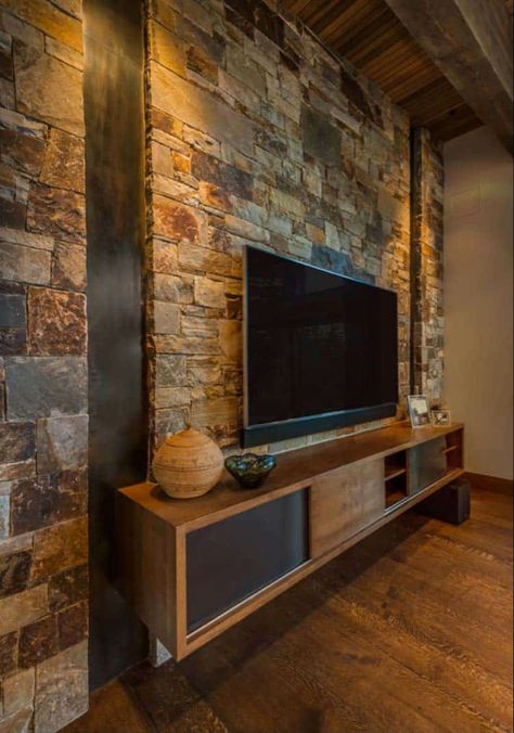 Bedroom With Stone Wall Interior Design, Stone On Walls Interior, Modern Rustic Tv Wall, Basement Stone Wall Ideas, Living Room Stone Wall Ideas, Stone Wall In Living Room, Tv Stone Wall Design, Tv Wall Stone Design, Stone Cladding Interior Living Rooms