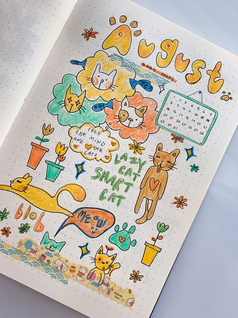 cat themed bullet journal spread for august, hand drawn with pen and color pencils, further decorated with washi tape August Journal Ideas, August Bujo, August Journal, Bullet Journal Tracking, Bujo 2023, August Bullet Journal, August Themes, Cat Journal, Bujo Spreads