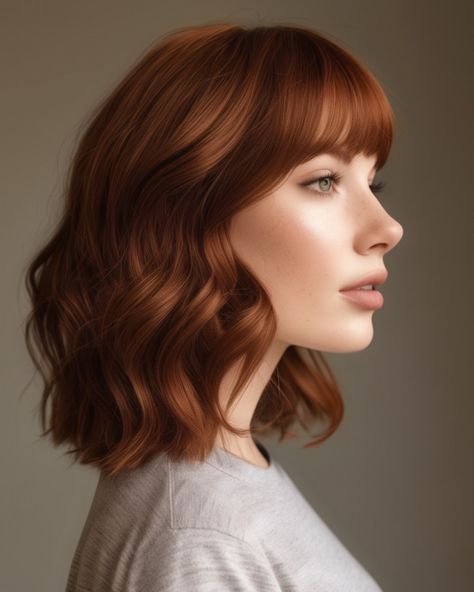 Auburn Medium-Length Waves with Fringe Mid Length Dark Auburn Hair, Auburn Medium Length Hair, Auburn Hair Colour, Deep Auburn, Dark Auburn Hair, Hair Colour Ideas, Auburn Balayage, Honey Blonde Hair Color, Texas Hair