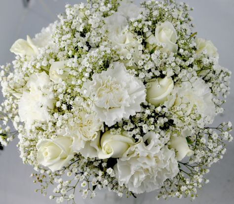 White Carnation Bridal Bouquet, White Carnations Centerpieces, White Carnation Wedding Centerpieces, Wedding Bouquet With Carnations, Carnation And Baby Breath Bouquet, Wedding Bouquet Carnations, Carnations And Baby Breath, White Carnations Bouquet, White Carnations Wedding