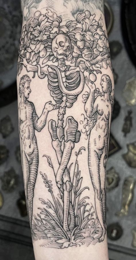 Erebus Tattoo, Romantic Gothic Tattoo, Engraved Tattoo Designs, Medieval Etching Tattoo, Etching Tattoo Ideas, Wood Cut Tattoo Style, Wood Etching Tattoo, Pict Tattoos, Woodcarving Tattoos