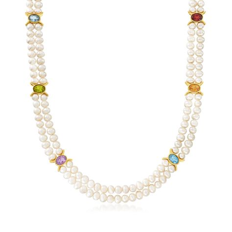 (Sponsored) 4.5-5.5mm Cultured Pearl 2-Strand Necklace With 4.80 ct. t.w. Multi-Gemstones in 18kt Gold Over Sterling Pearl necklace set Garnet Birthstone, Pearl Necklace Designs, Pearl Necklace Set, Citrine Necklace, White Pearl Necklace, Peridot Stone, Natural Gold, Freshwater Cultured Pearls, Elegant Necklaces