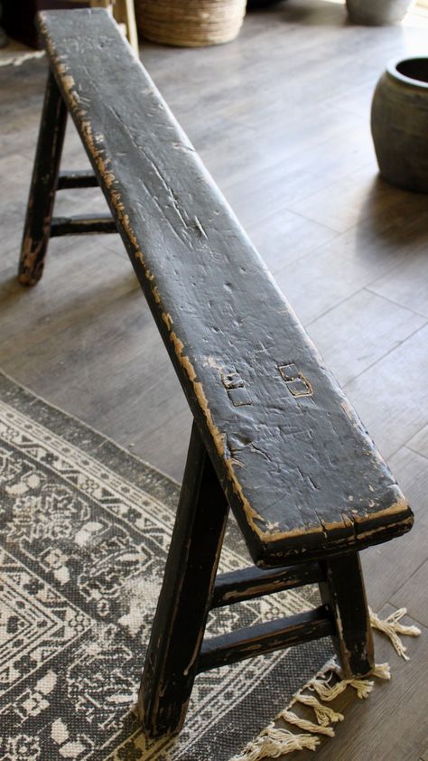 Truly incredible handcrafted weathered black wooden vintage bench! *Although sizes will vary, this product measures approximately from 52” long x 19” tall x 5.5” wide.” Every bench is handcrafted, and though they are similar in size and appearance, they are as different as snowflakes. **This item is considered vintage, Antique Bench Coffee Table, Old Benches, Wabi Sabi Interior, Vintage Furniture Design, Antique Bench, Vintage Bench, Rustic Bench, Primitive Furniture, Farmhouse Furniture