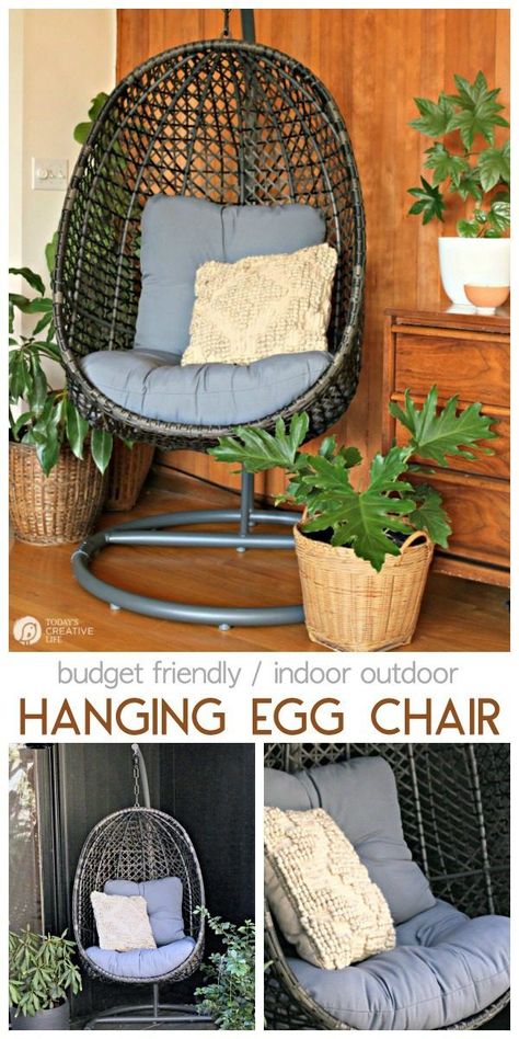 Budget-Friendly Indoor outdoor hanging egg chair | Spring Decorating on a budget | Outdoor Patio decorating ideas | Patio Furniture |  #BHGLivebetter AD TodaysCreativeLife.com Diy Hanging Egg Chair, Diy Egg Chair, Egg Chairs, Hanging Egg Chair, Spring Decorating, Farmhouse Porch, Apartment Patio Decor, Diy Outdoor Decor, Patio Decorating Ideas On A Budget