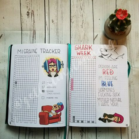 Bullet Journal Migraine Tracker and Period Tracker. Sorry for the language! Migraine Journal, Bujo Collections, Migraine Tracker, Personal Binder, Life Tracker, Journal Questions, Bullet Journal 2019, Period Tracker, Bullet Journal Tracker