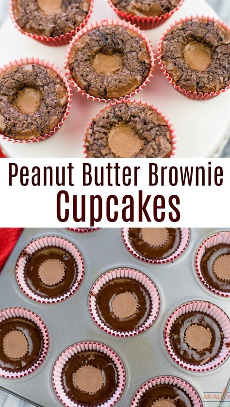 Brownie With Peanut Butter Cups, Pb Cup Brownies, Cookie Brownie Cupcakes, Peanut Butter Brownie Cupcakes, Brownie Cupcakes With Peanut Butter Cups, Brownie Peanut Butter Cups, Brownie Mix Cupcakes Recipes, Brownie Cupcakes From Mix Boxes, Brownies With Peanut Butter Cups