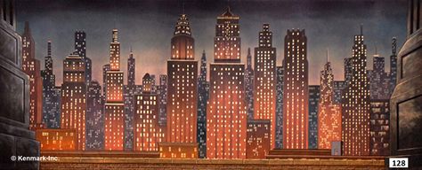 Crazy for You Theatrical Backdrop Rentals by Kenmark Scenic Backdrops Art Deco New York, Theatre Backdrops, City Backdrop, New York Theme, Stage Set Design, City At Night, Stage Backdrop, Nyc Skyline, Guys And Dolls