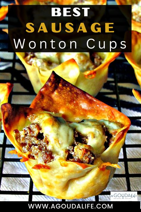 Sausage Wonton Cups, Crispy Sausage, Wonton Cups Appetizers, Pork Breakfast, Wonton Appetizers, Sausage Appetizers, Crab Appetizer, Pork Breakfast Sausage, Cream Cheese Appetizer