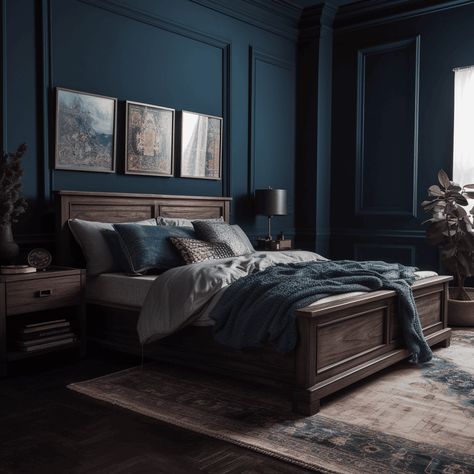 13 Stunning Dark Wood Bedroom Ideas To Create A Cozy & Inviting Space - Bedroom Paint Ideas With Dark Furniture, Dark Walls Light Furniture Bedroom, Blue Bedroom With Dark Wood Furniture, Navy Wood Bedroom, Blue Dresser Bedroom Ideas, Navy Masculine Bedroom, Dark Paint In Bedroom, Dark Wood Bedroom Furniture Wall Color, Modern Blue Bedroom Ideas