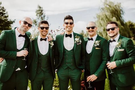 Green Suit Groom Groomsmen Bow Tie Greek English Wedding Holly Collings Photography #Greensuit #WeddingSuit #Groom #Groomsmen #BowTie #Wedding Party Wear Men, Three Piece Suit Wedding, Green Suits, Suits Groom, Groomsmen Looks, Prom Suits For Men, Green Tuxedo, Formal Fashion, Groom And Groomsmen Attire