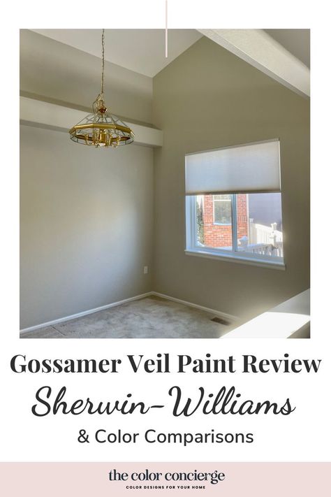 Discover all about Sherwin-Williams Gossamer Veil in this paint color review. We show when to use it and when to avoid it. We also show comparisons of Gossamer Veil vs. SW Repose Gray, SW Drift of Mist and BM Bruton White | Sherwin-Williams Gray | Sherwin-Williams paint colors | Sherwin Williams gray paint | interior colors | interior design | interior modern design | modern home paint colors | gray paint colors | gossamer veil | Follow @thecolorconcierge for more Gray Paint Interior, Modern Home Paint Colors, Gossamer Veil Paint, Sw Drift Of Mist, Benjamin Moore Paint Colors Gray, Gray Paint Colors Sherwin Williams, Drift Of Mist, Gossamer Veil, Sherwin Williams Paint Gray