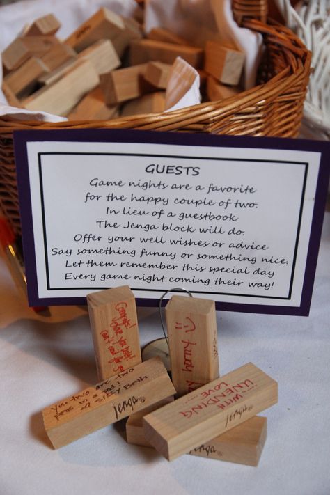 Jenga Wedding Guest Book- could be really fun if we go with lawn games during the reception Jenga Wedding Guest Book, Jenga Wedding, Wedding Games, Guest Book Alternatives, Bridal Shower Games, Trendy Wedding, Wedding Guest Book, Wedding Favor, Shower Games