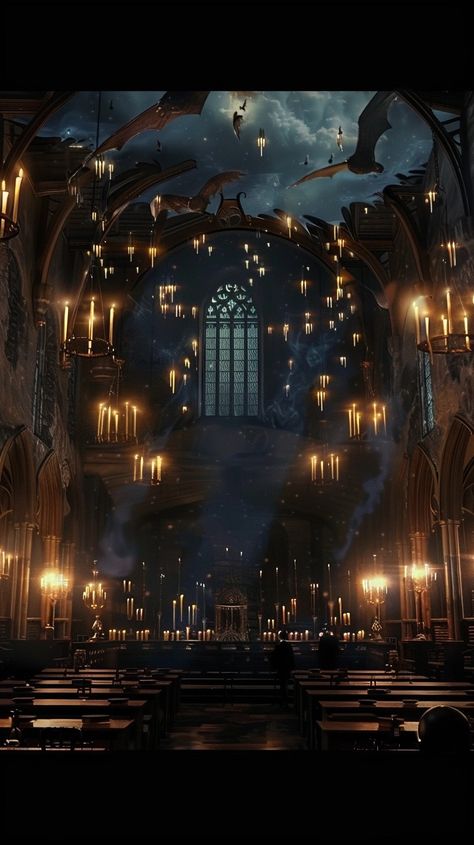 vision hogwarts great room front view, with floating candles and storm cloud ceiling, large room with four rows of tables, atmosphere of horror and dark magic. Photo realistic, 32K, UHD. Storm Cloud Ceiling, Harry Potter Candles Floating, Floating Candles Ceiling, Hogwarts Ceiling, Harry Potter Ceiling, Hogwarts Candles, Flying Candles, Dark Blue Rooms, Harry Potter Candles