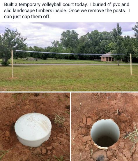 Removable volleyball posts  Two feet of pvc. Back filled one foot deep. Tamped in tightly.  Landscape timber is only buried 1 foot, leaving seven feet of height.  Placed an eye screw in the top,  adding one more inch,  getting to regulation 7'1". Outdoor Volleyball Court, Volleyball Court Backyard, Outdoor Volleyball, Landscape Timbers, Volleyball Court, Badminton Court, Deck Backyard, Volleyball Net, Extracurricular Activities