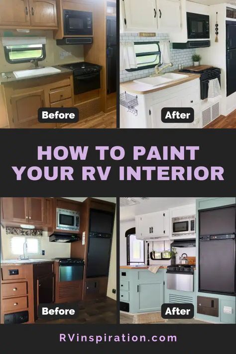 Everything you need to know about how to paint RV interior cabinets and walls, including how to prep fake wood for painting, how to paint RV wallpaper, the best type of primer to use on RV cabinets, which paint to choose, how to paint an RV ceiling, tips from professional RV renovators, mistakes to avoid, and much more. | rvinspiration.com #RVpainting #RVRenovation #RVMakeover Painting Rv Walls, Rv Wallpaper, Paint Rv, Rv Cabinets, Motorhome Interior, Rv Interior Remodel, Fake Wood, Camper Trailer Remodel, Diy Camper Remodel