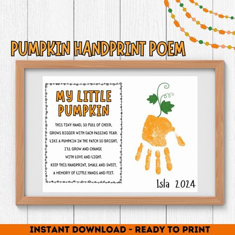 Celebrate the fall season with this fun and creative Pumpkin Poem Craft.  Perfect for young children and preschoolers. 🍂🎃 Product Details: Size: 11"x8.5" PDF Design: Each sheet features a charming poem and stem for a handprint. Personalization: Includes a designated space to write the child's name, making it a special keepsake. Perfect for: Parents, teachers, and caregivers looking for a simple, hands-on activity that encourages creativity and fine motor skills. How It Works: Purchase and down Preschool Poems For Parents, Pumpkin Handprint, Preschool Memory Book, Pumpkin Poem, Handprint Calendar, Preschool Poems, Handprint Poem, Preschool Fall, Pdf Design