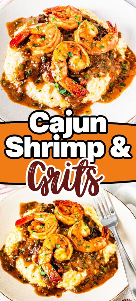 This Cajun Shrimp and Grits features sautéed shrimp served over creamy grits and topped with a rich and flavorful Cajun gravy. It's classic Southern comfort food with tons of flavor! In this post, I'll provide step-by-step instructions and tips to help you make this delicious New Orleans style shrimp and grits! Shrimp And Grits With Andouille Sausage Gravy, Shrimp And Yellow Grits Recipe, Bbq Shrimp And Grits Recipe, Shrimp Scampi And Grits, Gravy For Shrimp And Grits, Shrimp And Grits New Orleans Style, Voodoo Shrimp And Grits, Garlic Grits Casserole, Shrimp And Grits With Cajun Cream Sauce