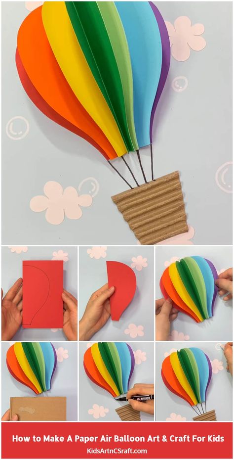 DIY How to Make Paper Air Balloon – Art and Craft for Kids - Kids Art & Craft Paper Air Balloon, Ballon Crafts, Art And Craft For Kids, Air Balloon Art, Balon Cu Aer Cald, Decoration Creche, Hot Air Balloon Craft, Diy Hot Air Balloons, Hot Air Balloons Art