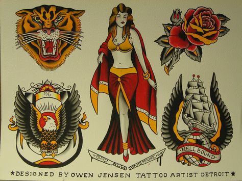 TATTOOING THE WORLD OVER: OWEN JENSEN FLASH SHEET Owen Jensen, Traditional Tattoo Reference, Traditional Tattoo Flash Sheets, Vintage Tattoos, Traditional Tattoo Old School, Flash Ideas, Tattoo Reference, Traditional Flash, Flash Sheet