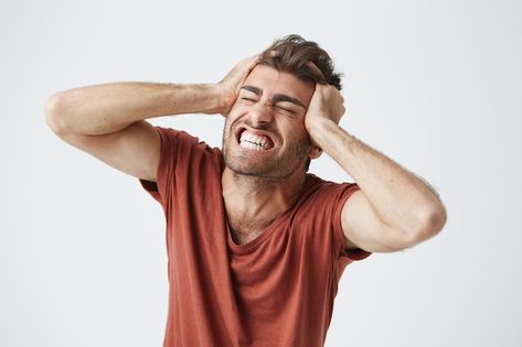 Pulling Hair Out, Muscular Man, Man Photography, Emotional Photography, Hair Cover, Hairstyle Look, Hair Shows, Red T Shirt, Male Poses