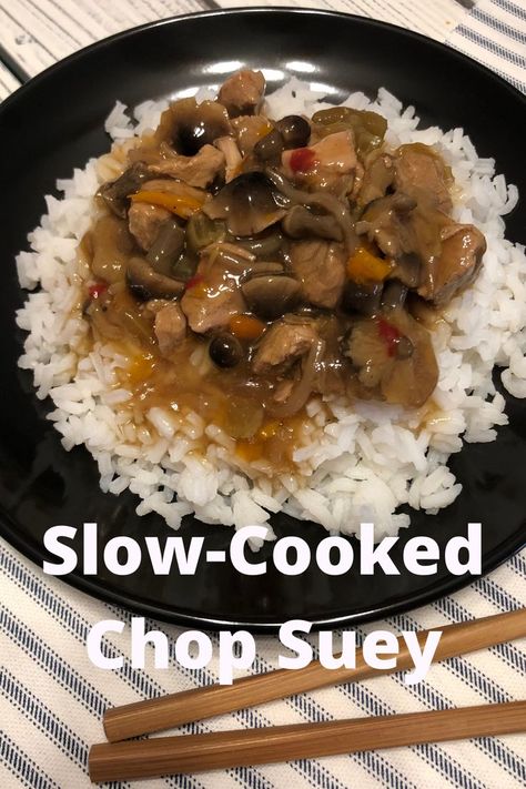 This Slow-Cooked Chop Suey over Rice is like a bowl of soft, pillowy, homemade goodness!! Tender pork with a variety of different vegetables makes this easy slow cooker recipe a perfect weeknight dish. Crockpot Chop Suey Slow Cooker, Pork Chop Suey Recipe Crock Pot, Homemade Chop Suey, Slow Cooker Chop Suey, Crock Pot Chop Suey, Crockpot Chop Suey, Pork Chop Suey Recipe, Chop Suey Sauce, Chop Suey Recipe Chinese