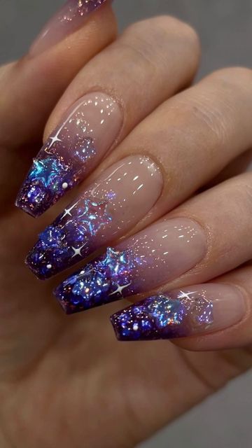 Rhinestone Nails Ideas, Cosmic Nail Designs, Night Inspired Nails, Cellophane Nails, Milky Way Nails, Cosmic Nails, Galaxy Nail Art, Blue Glitter Nails, Witchy Nails