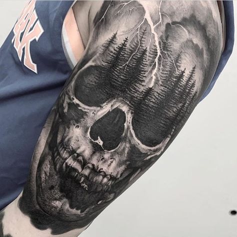 Skull And Forest Tattoo, Skull Mountain Tattoo, Skull Cloud Tattoo, Mens Skull Tattoo, Skull Forest Tattoo, Pinterest Tattoo Ideas, Tree Sleeve Tattoo, Aa Tattoos, Wood Tattoo