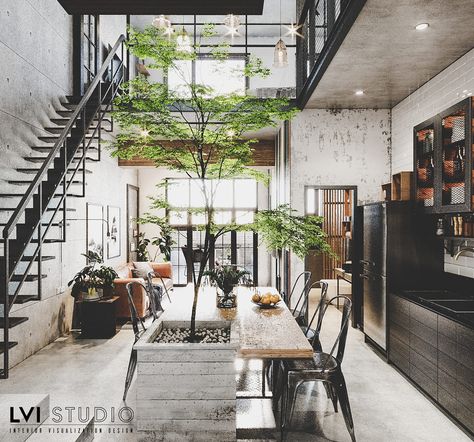 Unpacking Four Sub-Styles Of Industrial Design Wood Frame House, Painted Brick Walls, Home Gym Decor, Industrial Bedroom, Loft Interiors, Modern Stairs, Loft House, Modern Loft, Loft Design