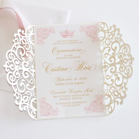 Couture Quinceañera Invitations with Gold Glitter Laser Cut folder and Light Pink ribbon bow. Printed on White metallic cardstock. Envelopes in White metallic. Can be used for a Bat Mitzvah or Sweet Sixteen or Girls Birthday **Colors can be customized to coordinate with your event.  Just let me know what you have in mind.  1- 5 X 7 Glitter Laser Cut Invitation with Ribbon/Bow 1- Outer Metallic Invitation Envelope $5.50 each My minimum order quantity is 50. You can select the quantity from the dr Vintage Sweet 16, Quinceñera Invitations, 25th Wedding Anniversary Invitations, Crown Light, Sweet 15 Party Ideas, Quinceanera Pink, Pink Quince, Quince Invitations, Confirmation Invitations