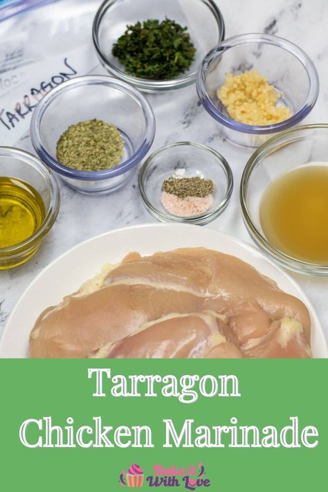 This easy, delicious Tarragon Chicken Marinade combines olive oil, white wine, tarragon, garlic, and Italian seasoning for amazing chicken meals! It's a super easy marinade to mix up and get your chicken well on the way to upgrading your plain chicken! This is a fantastic marinade for freezing and meal-prep! bakeitwithlove.com | #bakeitwithlove #tarragonchickenmarinade #easy #best #recipe #chickenmarinades #breasts #thighs #wings #kabobs #baked #grilled Tarragon Chicken Recipe, Current Recipes, Meat Marinades, Bbq Chicken Marinade, Chicken Thigh Marinade, Chicken Breast Oven, Chicken Spaghetti Casserole, Tarragon Chicken, Pork Marinade